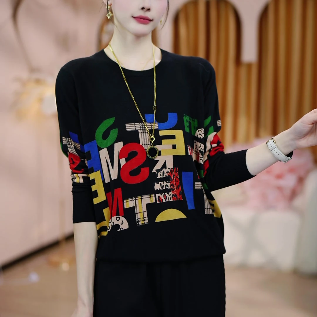 秋季小众洋气百搭宽松显瘦时尚长袖套头圆领针织衫印花外穿上衣女