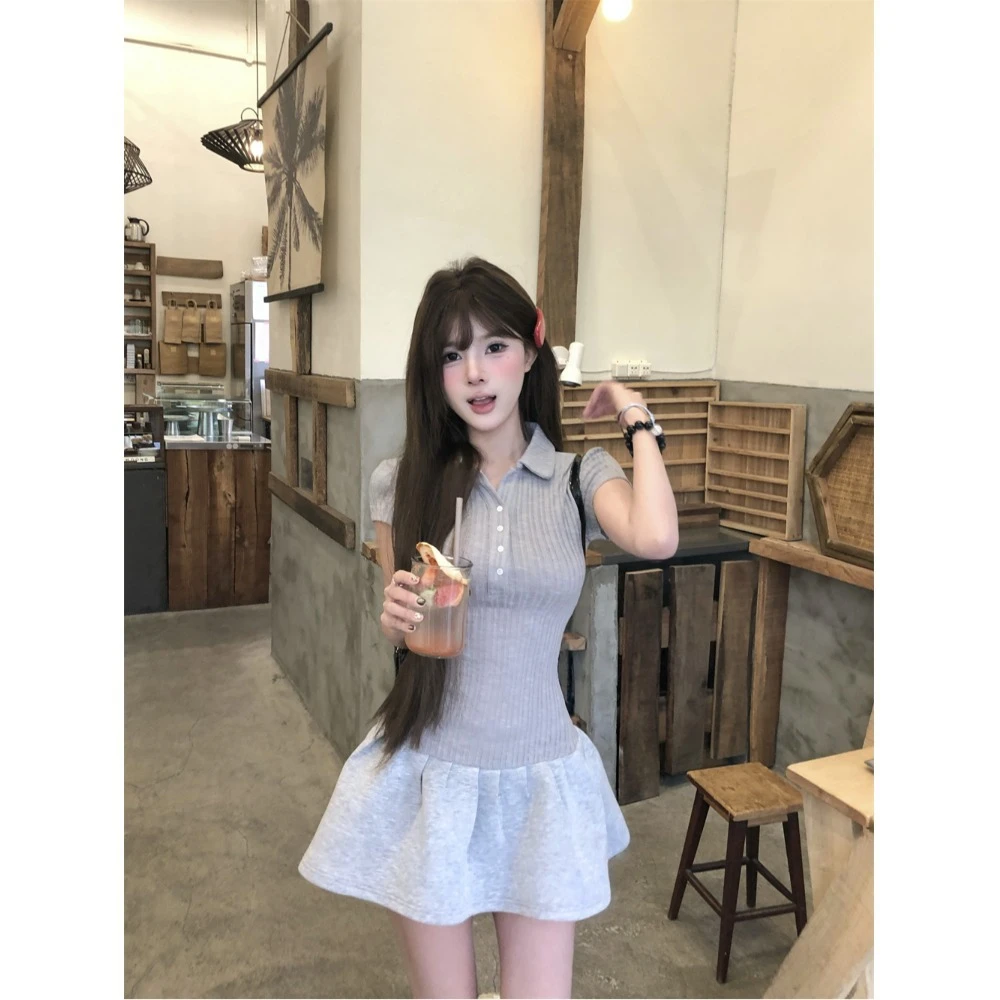 温柔甜美风短袖POLO领连衣裙女夏季小众收腰显瘦A字裙小个子短裙