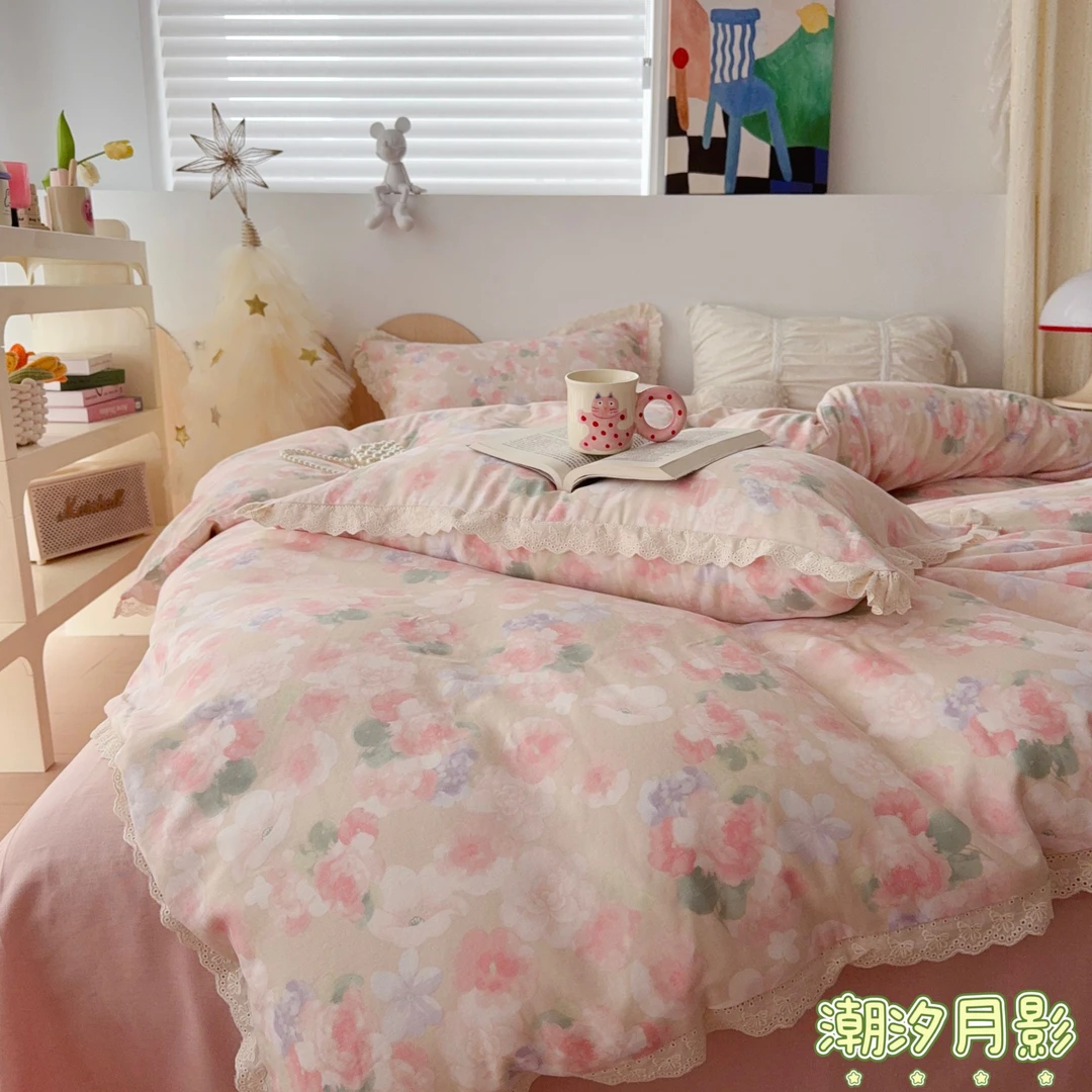 新款全棉A类双层纱ins彩色超柔奶油简约四件套