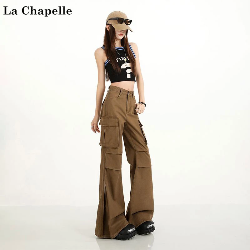 拉夏贝尔潮酷工装微喇牛仔裤女春秋宽松贴袋解构拼接不贴腿喇叭裤