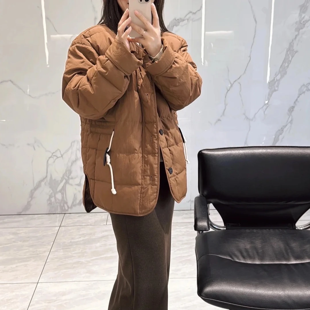 无领方格民族风羽绒服 时尚短款百搭韩版潮流保暖秋冬抽绳