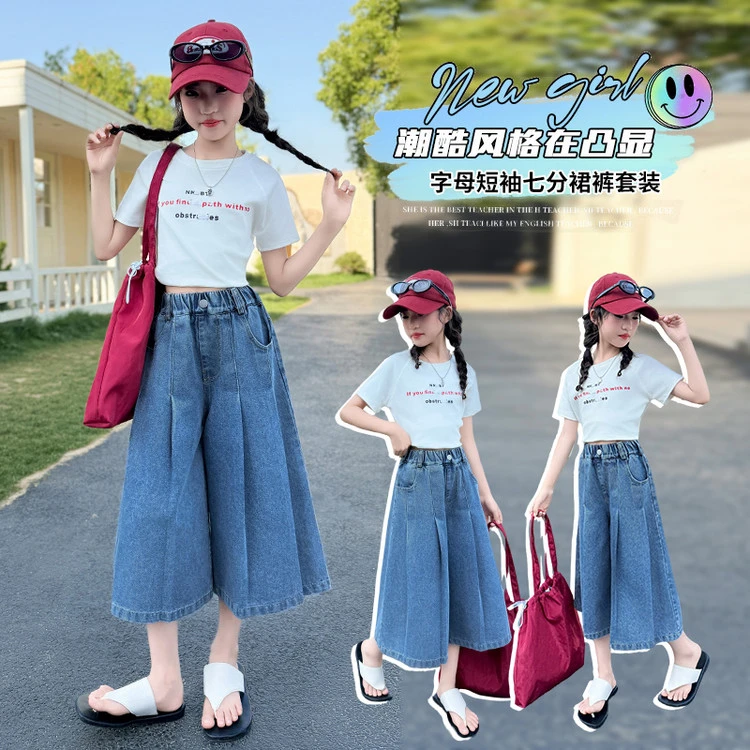 韩版夏季儿童女童中大童白色短袖打褶七分裤两件套休闲时尚