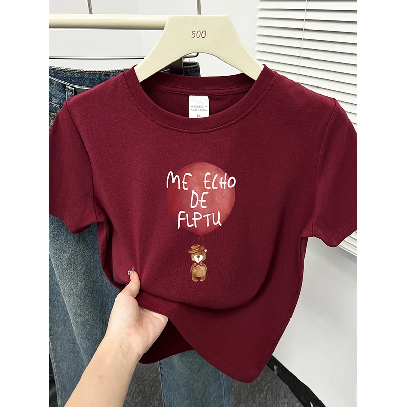 酒红色正肩显白短袖t恤女夏季新款胖mm大码穿搭洋气小熊圆领上衣