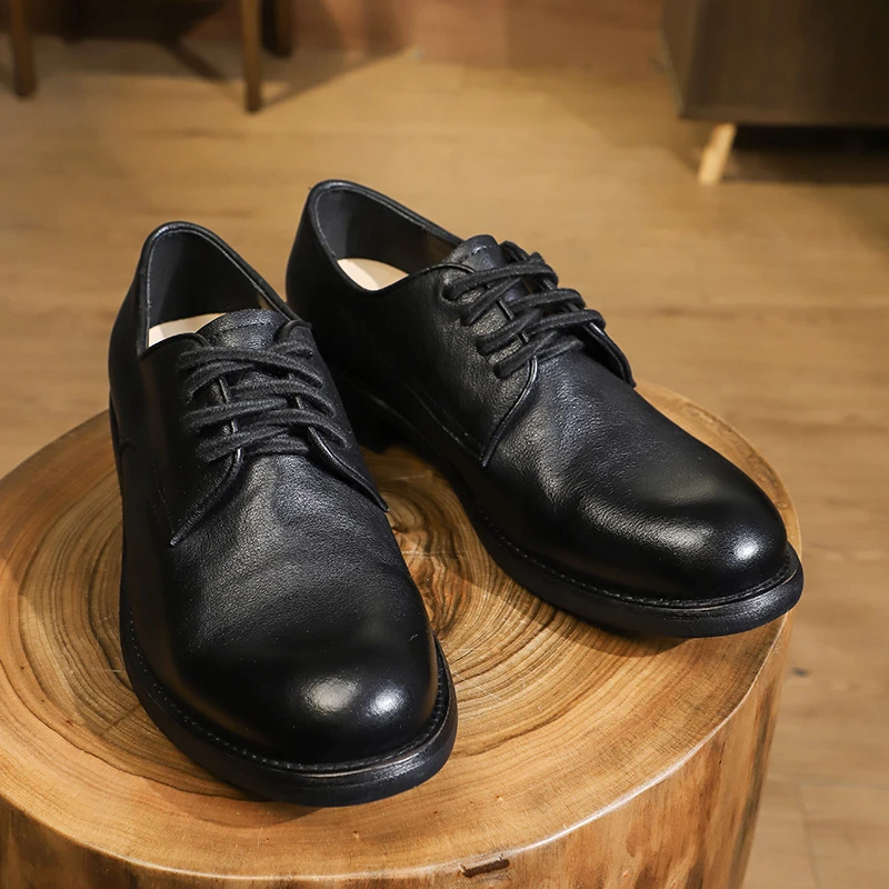 2025男士新款低帮休闲德比皮鞋手工英伦风舒适软底水洗马皮单鞋男