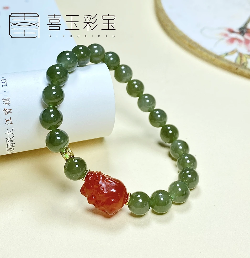 天然和田玉卡8圆珠单圈貔貅玛瑙设计款手串  1683