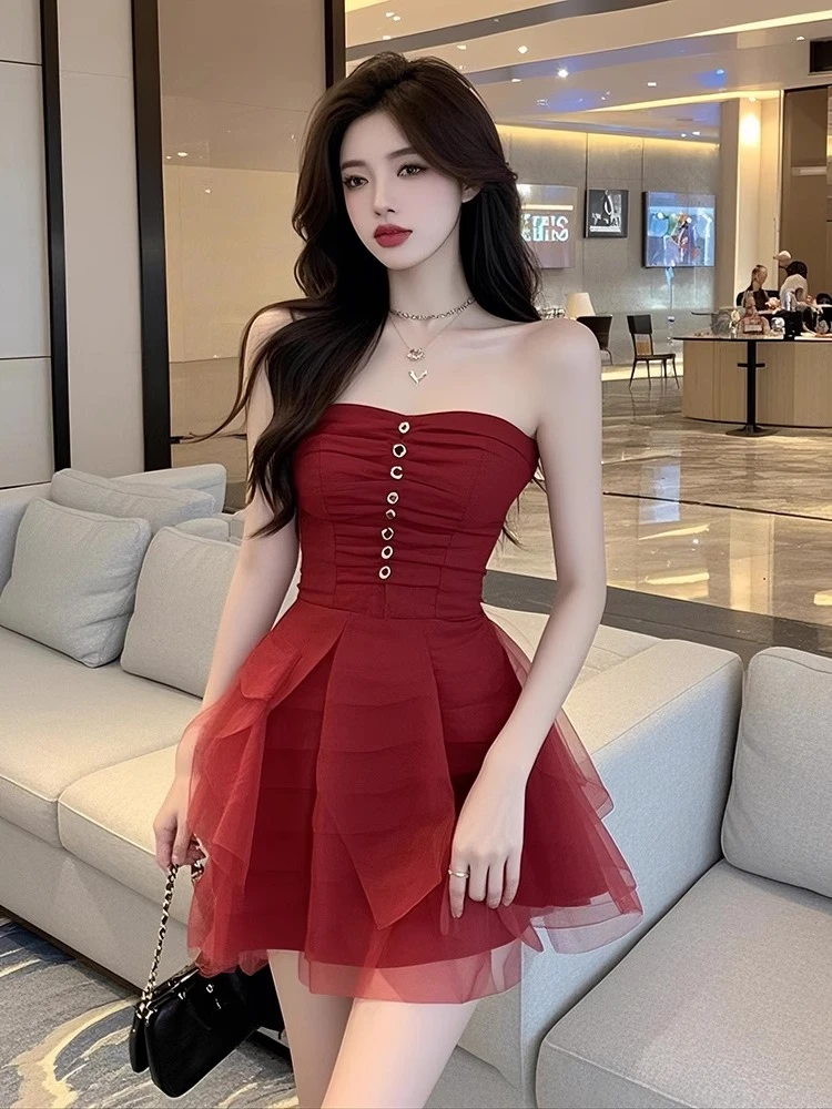 【KEKE】法式设计时尚气质网纱蓬蓬a字红色礼服连衣裙2025新款女装