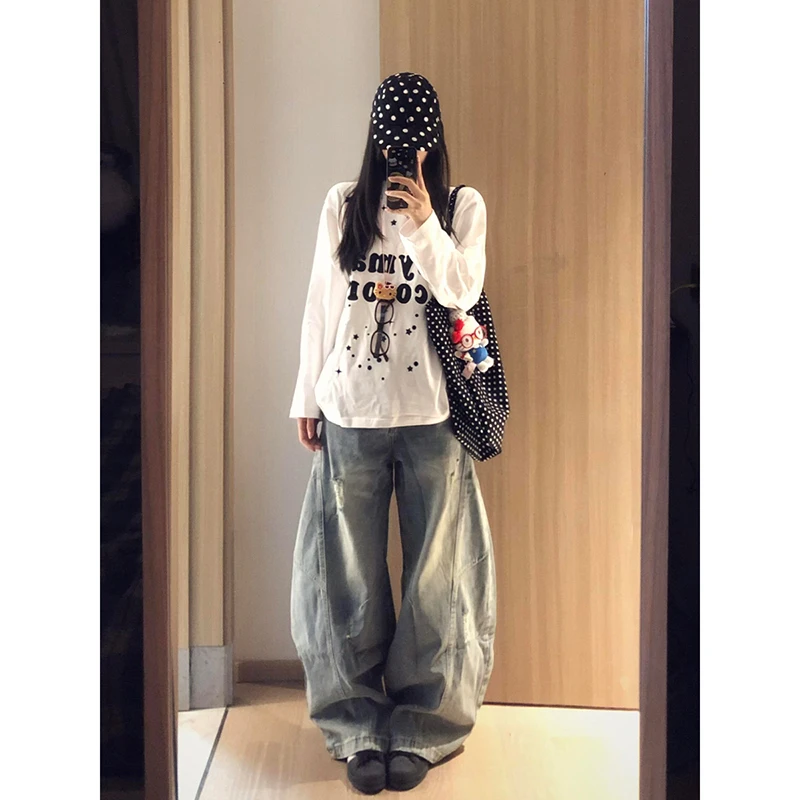 美式复古波点字母长袖t恤女秋季宽松设计感小众INS风时尚早秋上衣