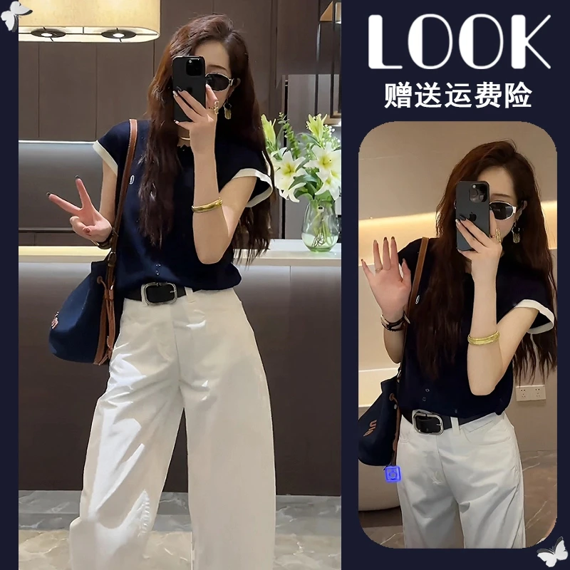 高级感polo领短袖上衣女夏季新款阔腿裤两件套白色休闲裤网红套装