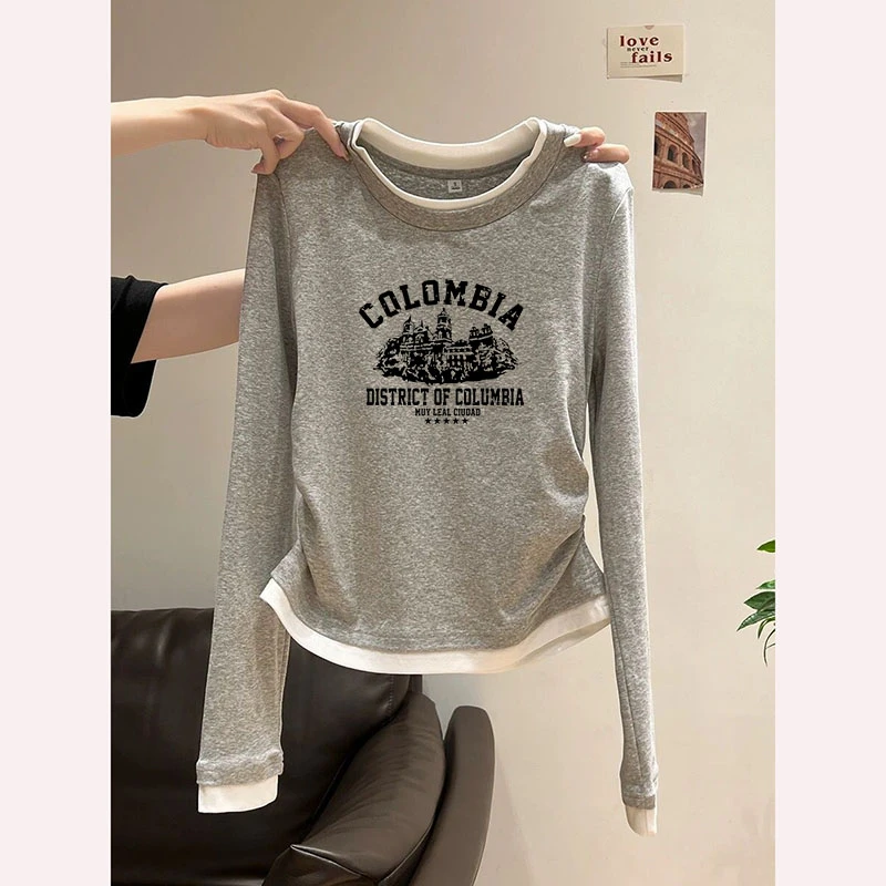 正肩修身显瘦长袖T恤女打底衫秋装小个子圆领假两件拼接内搭上衣