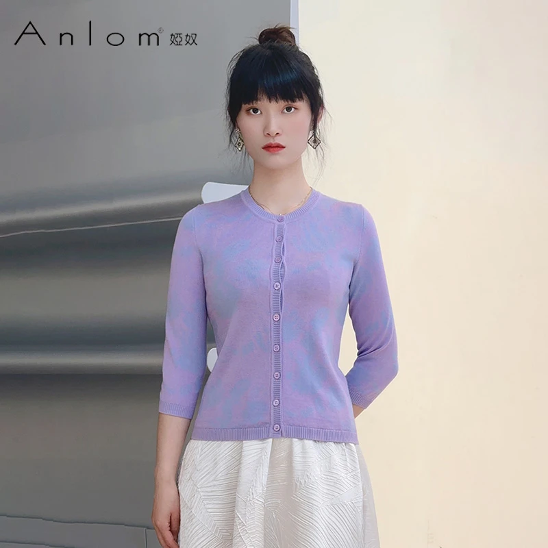 Anlom/娅奴新款针织衫女修身休闲时尚淡雅紫开衫圆领套衫上衣