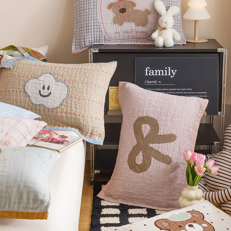 新款全棉四层纱布可爱卡通纯棉纱布枕巾单人情侣双人枕巾加厚枕巾