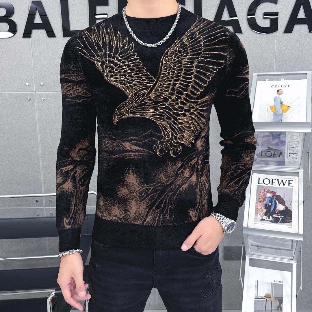 男士烫钻提花套头针织圆领毛衣针织衫冬季长袖打底衫