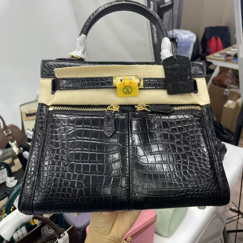 破【lakis25亮面鳄鱼-黑-金（暹罗鳄）】时尚百搭单肩手提包