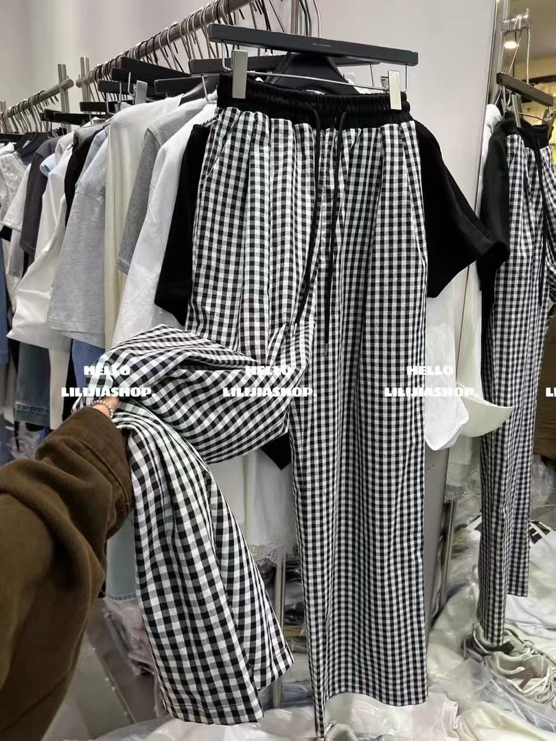 夏季新款韩系百搭泡芙格子直筒裤