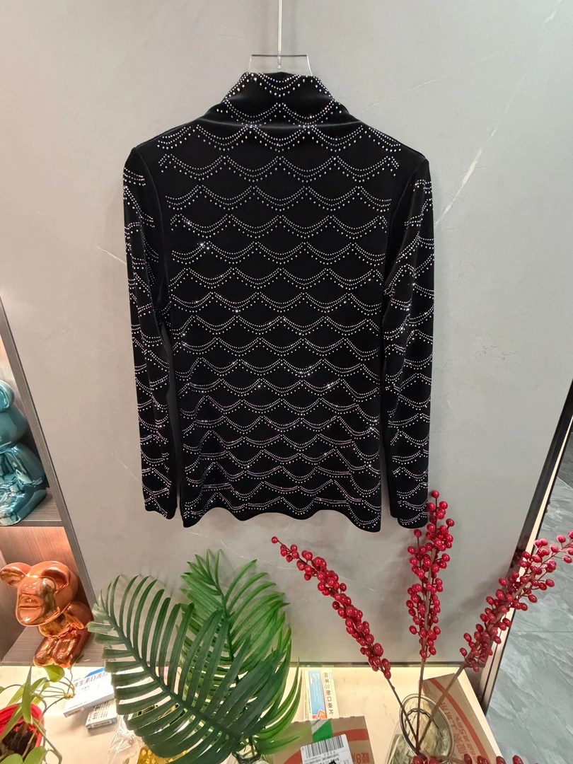 轻奢重工烫钻高领长袖T恤女秋季新款黑色修身显瘦上衣满钻001-2