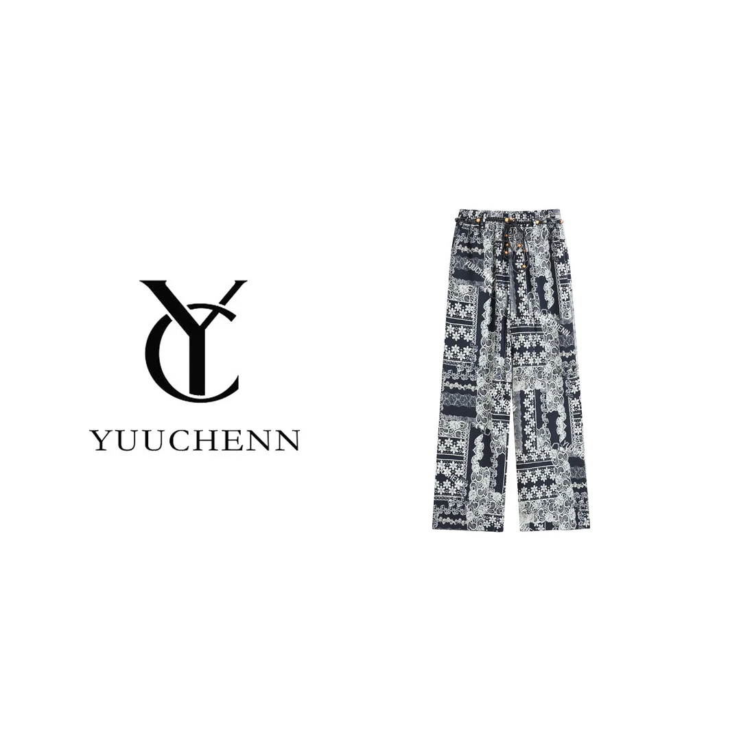 【YUUCHENN】松紧腰复古印花阔腿休闲裤C 0555