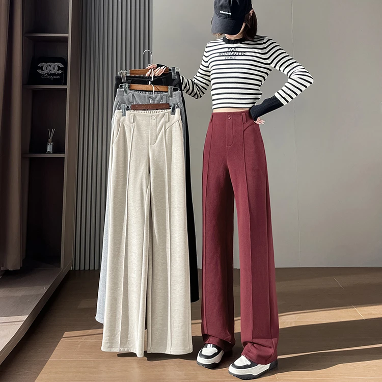 秋冬加绒加厚窄版毛呢阔腿裤女初中高中学生高腰羊绒休闲直筒裤子