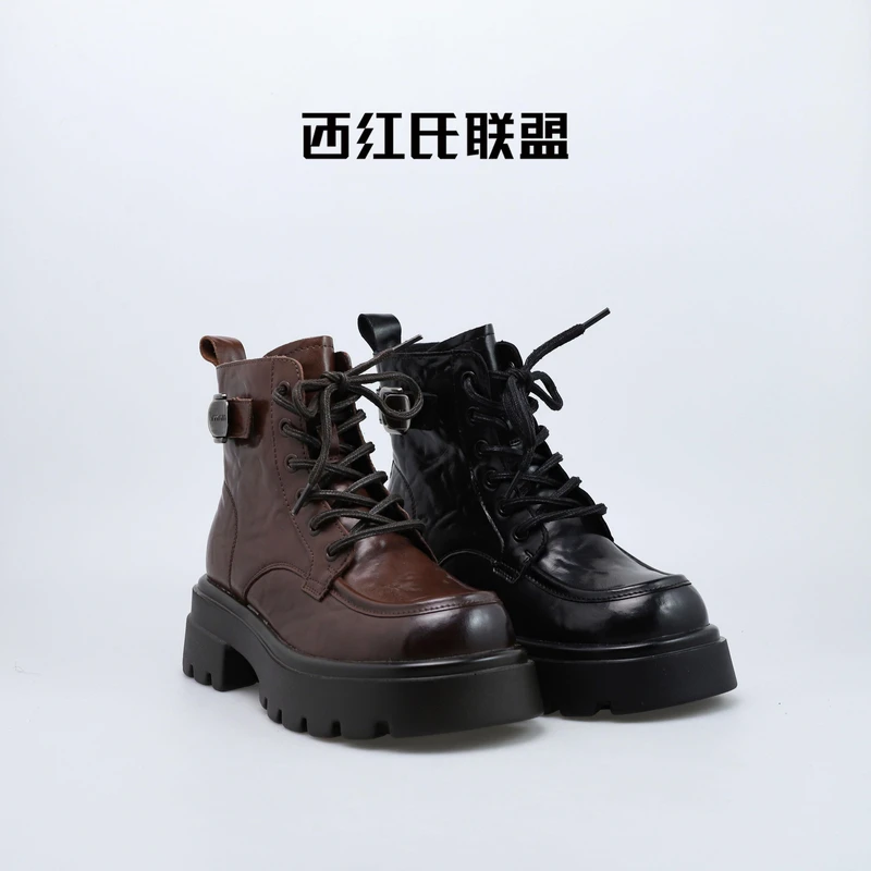 【西红氏联盟】加绒款百搭秀气牛皮系带圆头女靴马丁靴S10601217L