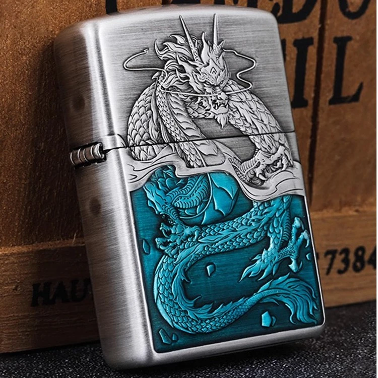 zippo打火机盔甲蚀刻蛟龙入海洗脚龙男士复古防风个性DY9912T