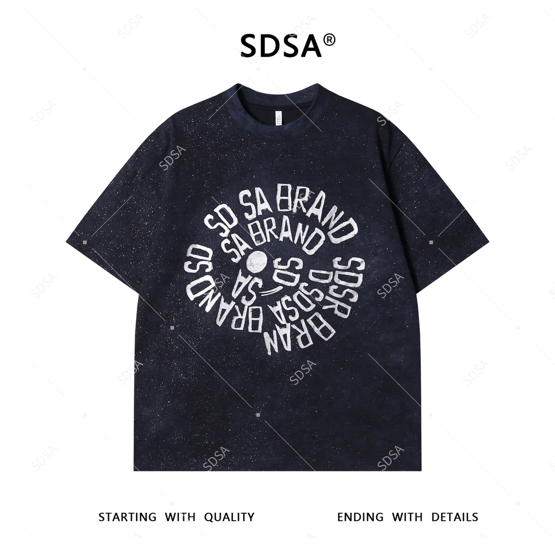 夏季高级感新款男士美式满天星撞色印花字母短袖T恤痞帅圆领上衣