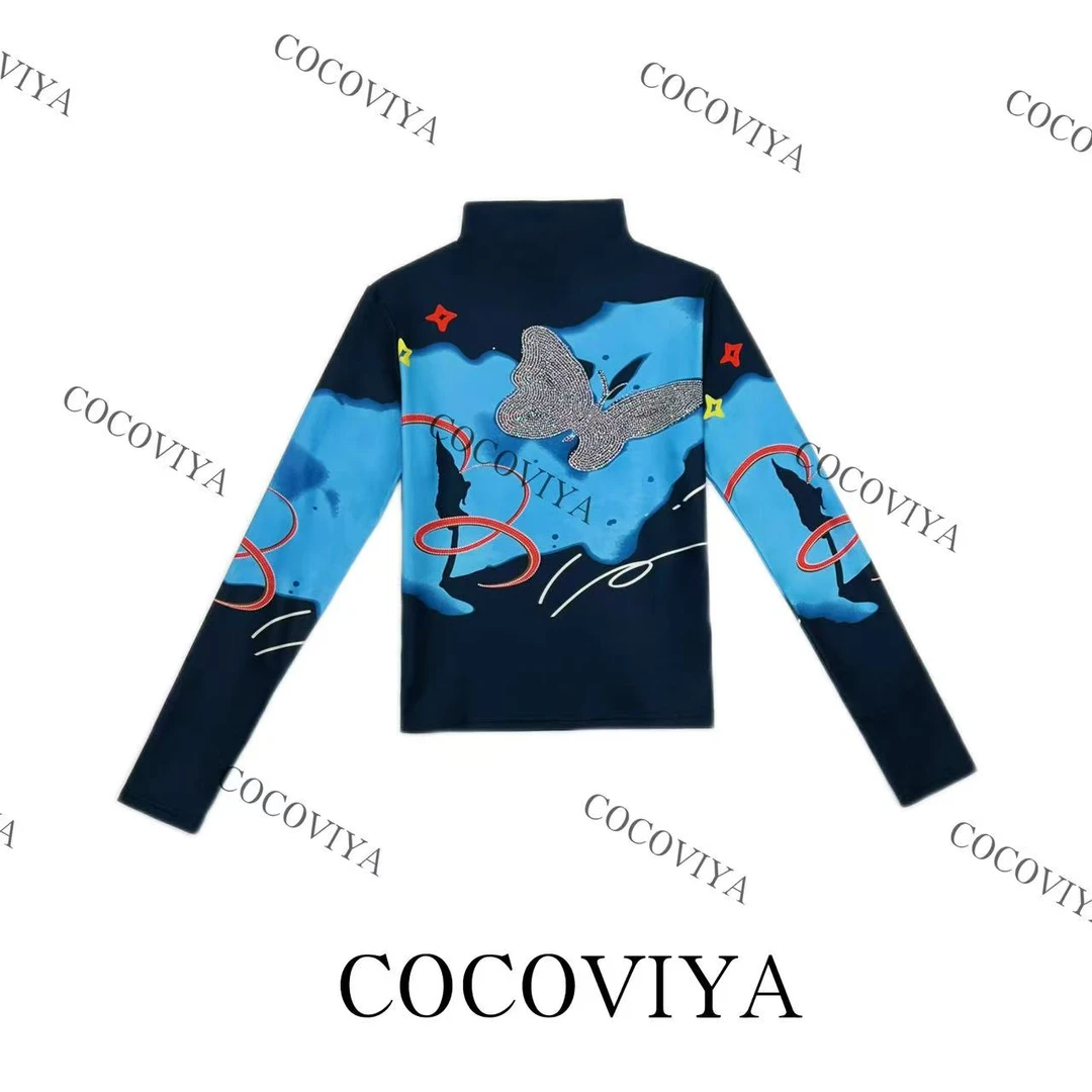 【XY】COCOVIYA加绒高领长袖上衣 烫钻蝴蝶+蓝黑撞色印花26C-1019