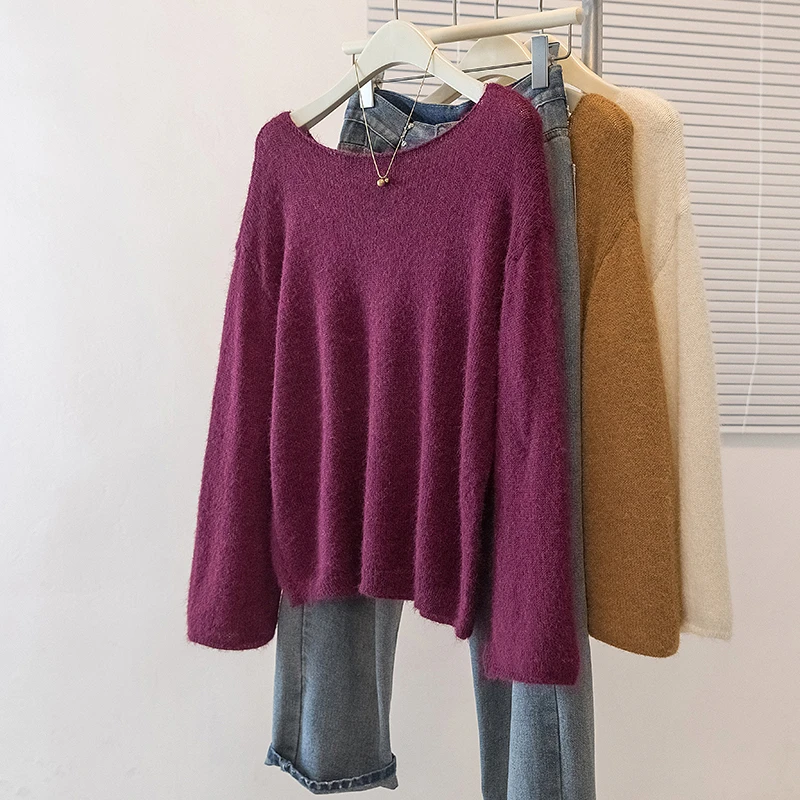 宽松设计感显瘦长袖紫色圆领针织衫气质高级潮流百搭打底上衣女式