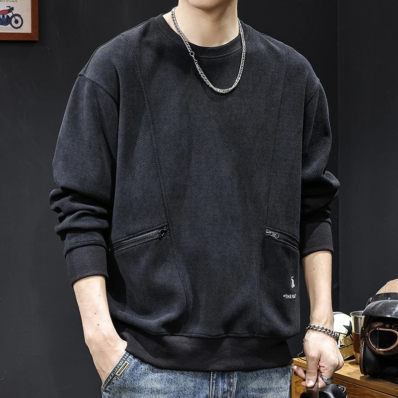 路约威格拉链口袋卫衣男士春季重磅大码潮牌春秋款圆领长袖上衣