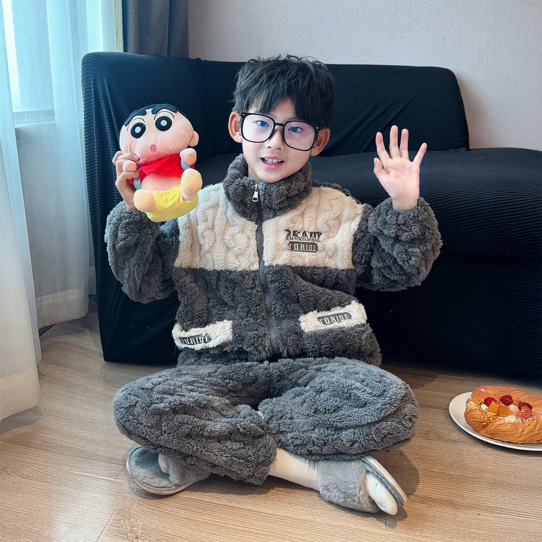 男童珊瑚绒家居服2025新款男孩冬装加厚保暖睡衣儿童居家爆款套装