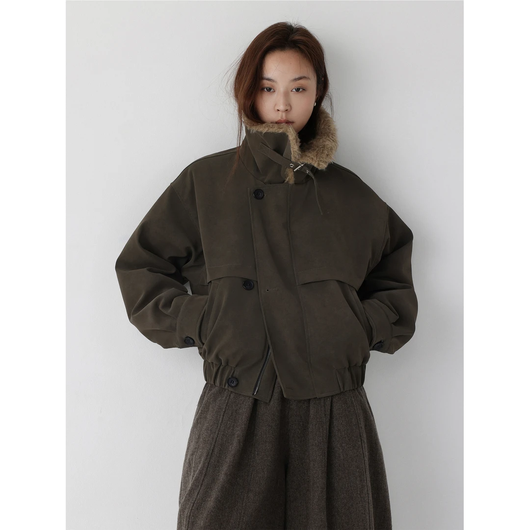 低卡LOWCALORIE‘旧旅痕章’工装毛领麂皮PU棉服
