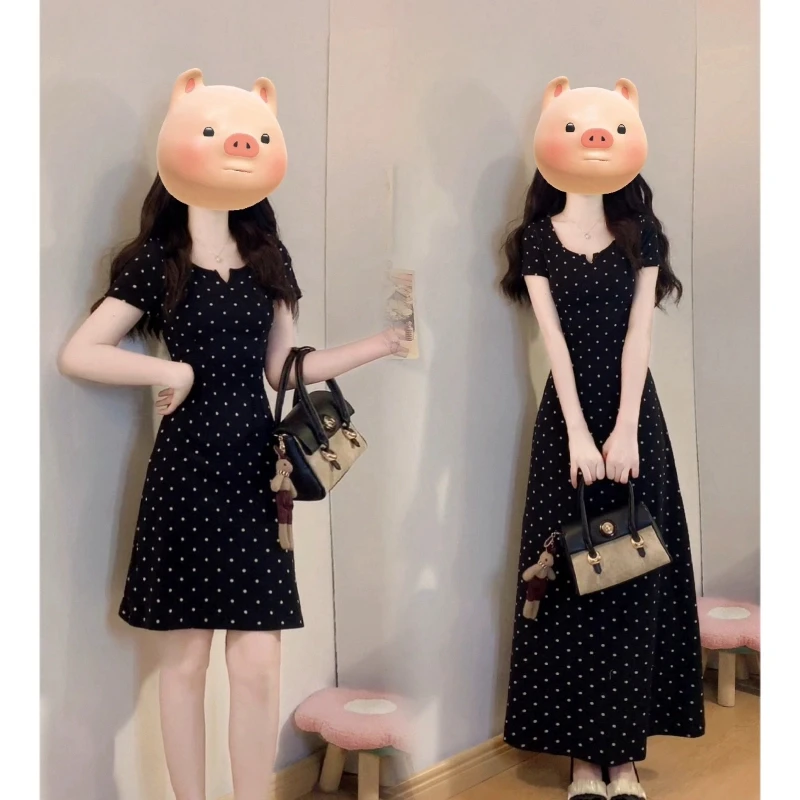 MO88ZSPF大码夏季新款黑色波点连衣裙显瘦V领短袖赫本风洋气裙子