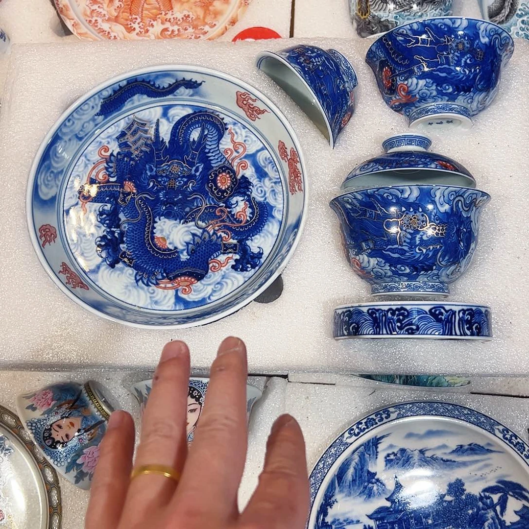 双***客七丞堂青花描金铠甲龙五件套