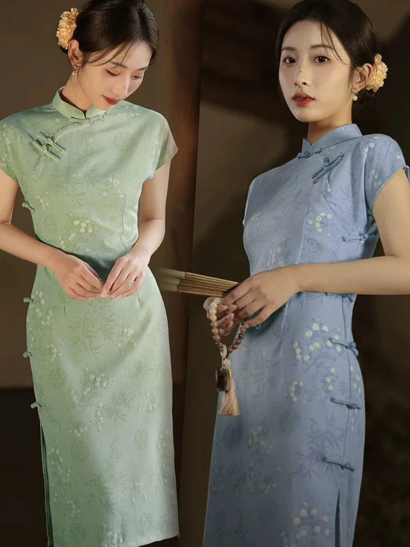 355【慕清】夏季短款气质修身带凸点花型送考旗袍