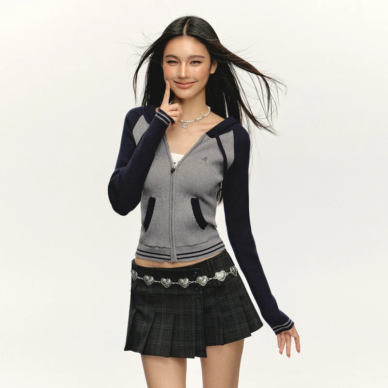 Ariseism 美式复古修身连帽撞色毛衣外套女秋冬