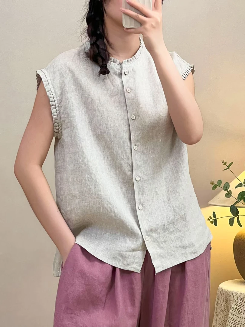 纯亚麻木耳边纯色高端洋气百搭夏季新款圆领简约衬衫女装