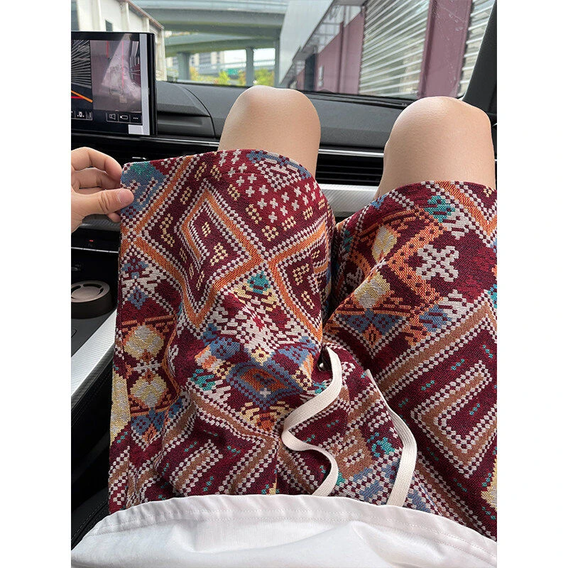 复古民族风编织短裤男夏季休闲宽松大裤衩子潮流提花运动五分裤子