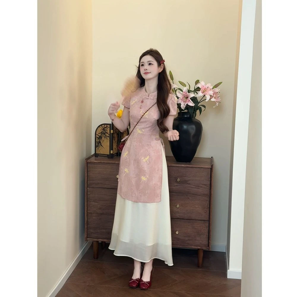 画报夫人巨好看的夏装新中式女装国风粉色盘扣假两件旗袍连衣裙子
