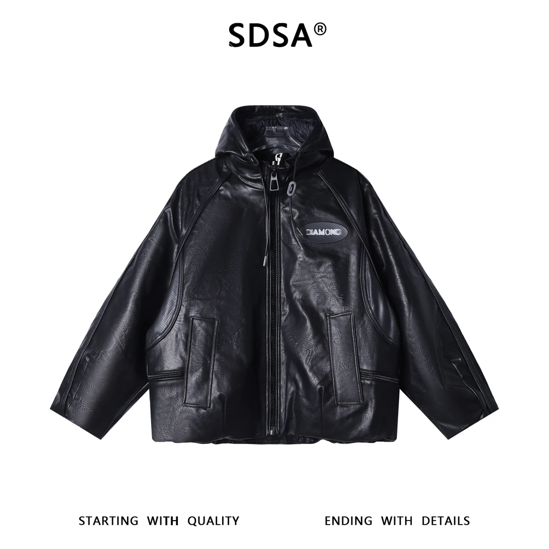 SDSA男士秋冬新款痞帅男装潮牌设计感皮衣连帽羽绒服字母百搭外套