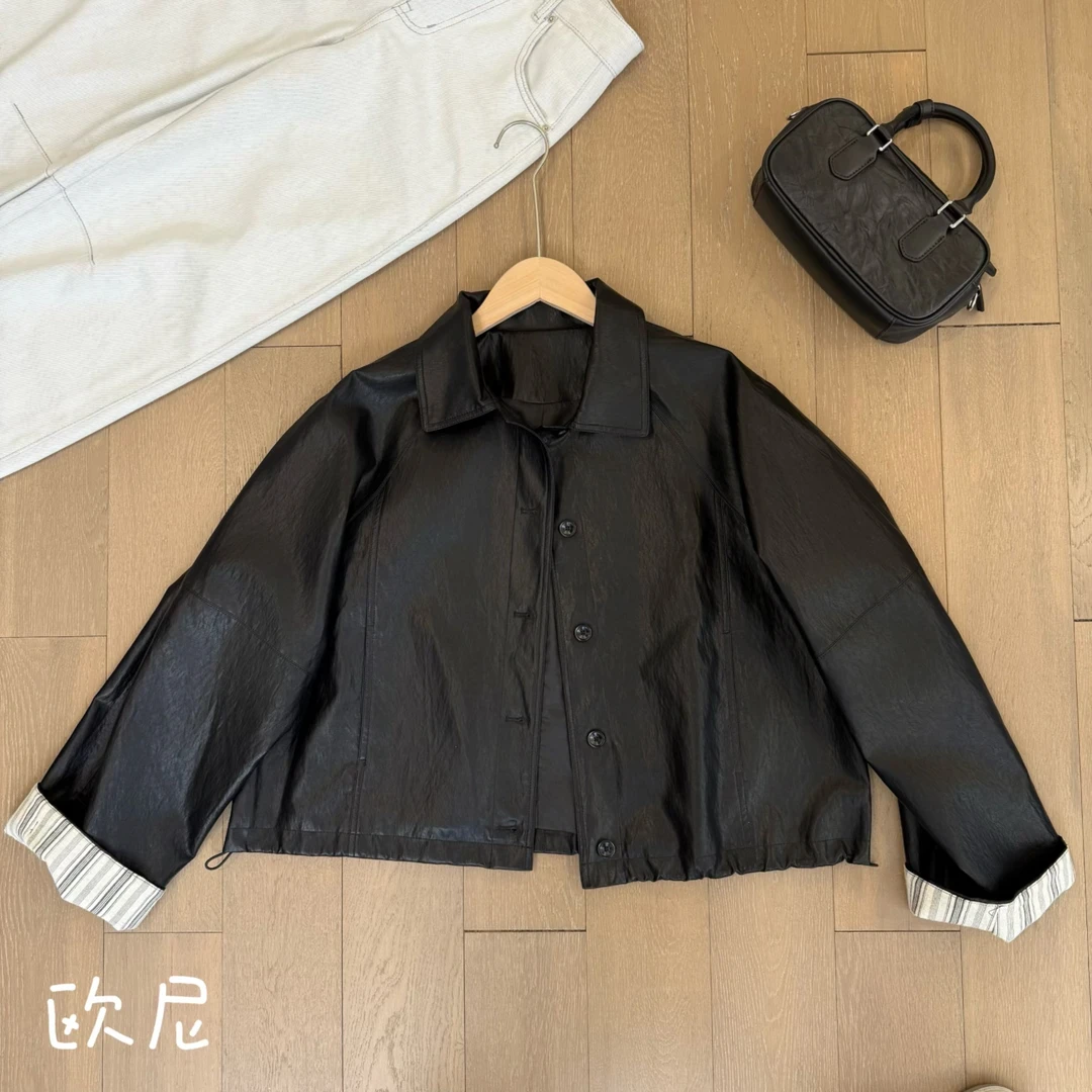 欧尼私服 2025春款小众设计极简手袖拼接翻领皮衣外套2502C374