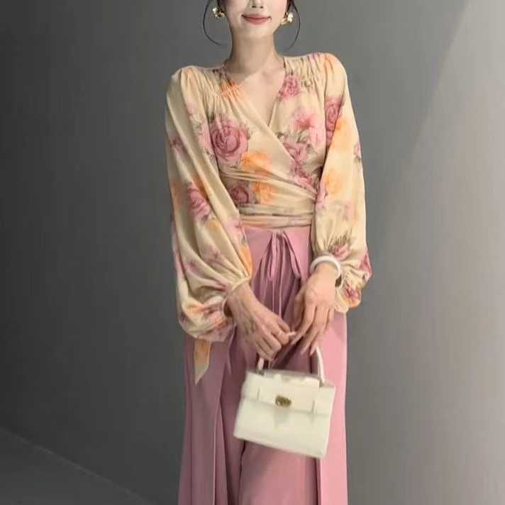 碎花上衣夏季显瘦系带花色气质长袖时尚印花百搭女士短款