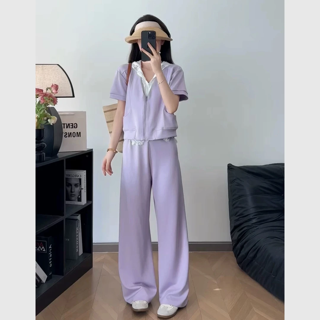 无印心匠D43123-2时尚短款修身开衫撞色连帽蕾丝长裤女款套装K590