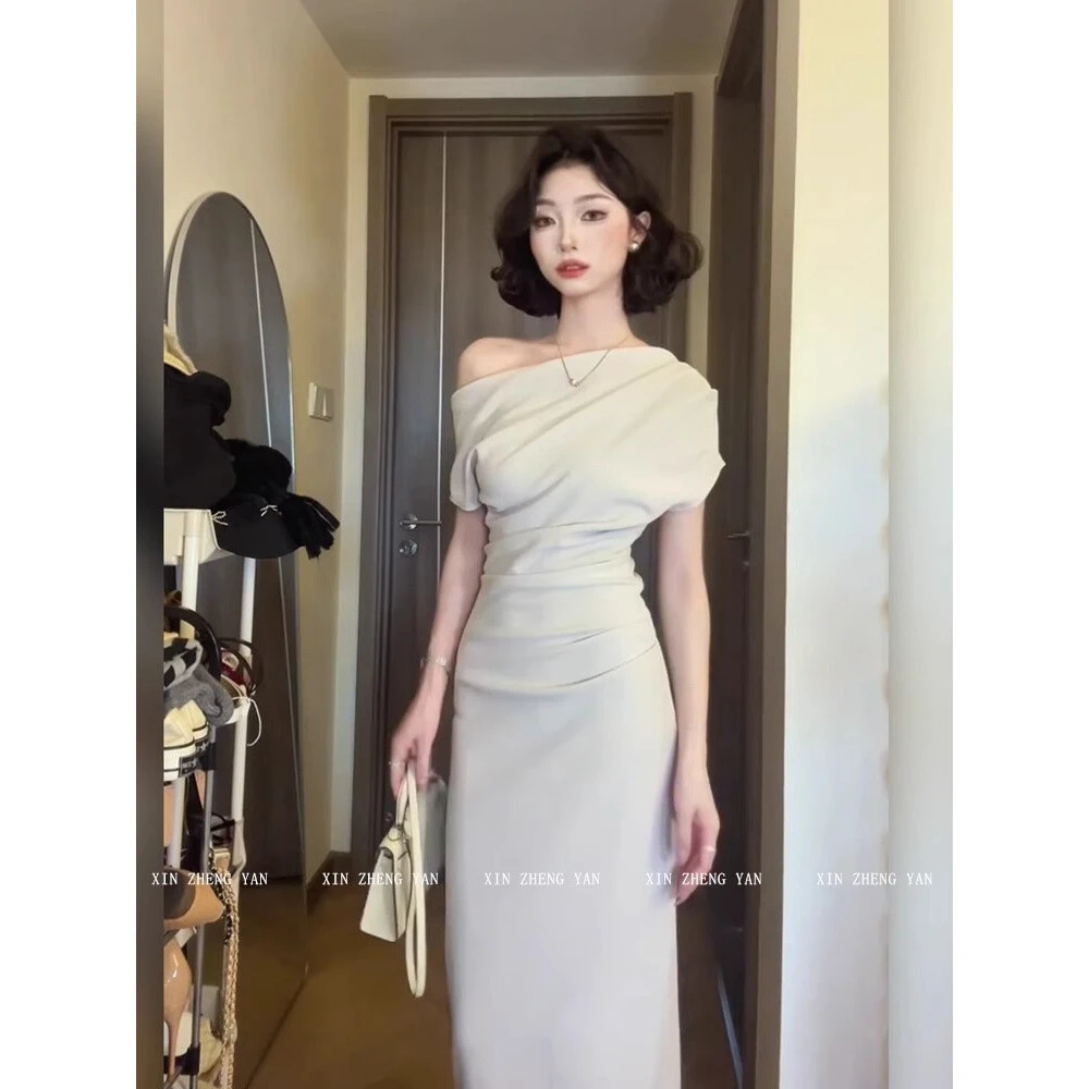 2025新款开春韩系穿搭斜肩荡领连衣裙子女春夏季气质修身包睡裙女