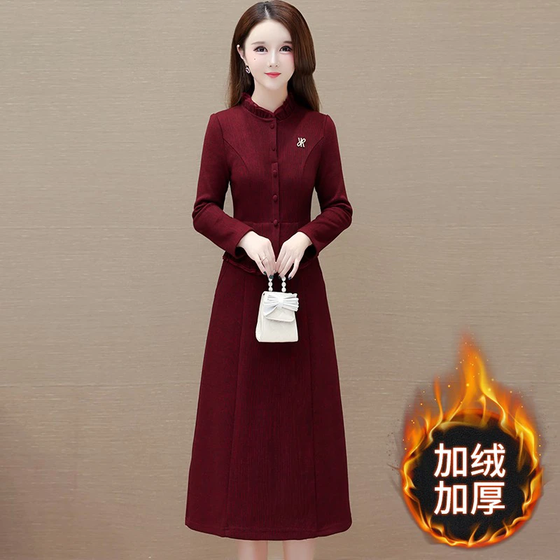 D923 无胸花秋冬款加绒加厚连衣裙假两件套新款气质遮肚子显瘦