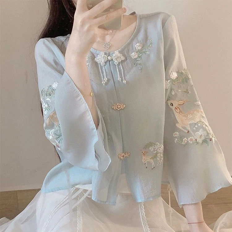 轻国风唐装上衣新中式中国禅茶服风套装女夏新款重工精致刺绣上衣