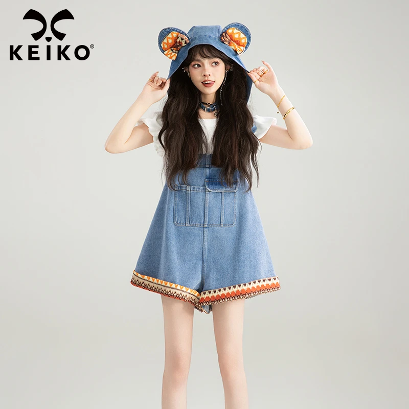 KEIKO [可卸帽] 减龄撞色背带牛仔短裤夏季小个子宽松薄款阔腿裤