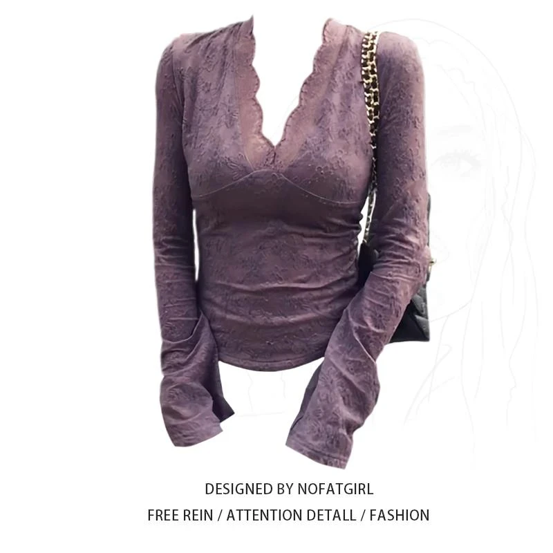 大码胖MM纯欲风V领蕾丝衫女秋冬季新款修身高级感内搭打底衫上衣