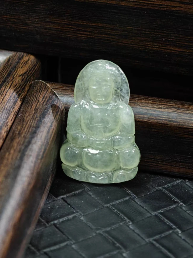 天然A货缅甸翡翠糯化高冰玻璃种翡翠无事牌观音大日如来吊坠项链