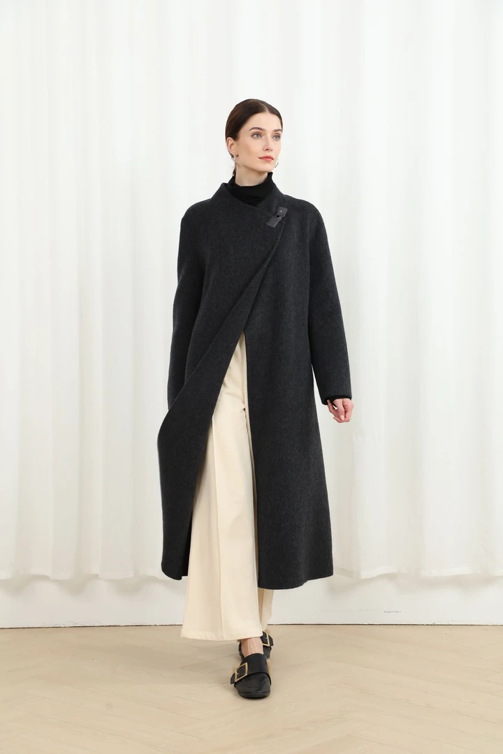 【百吉丽】毛呢欧美风气质百搭一粒扣绑带冬季 驼色大衣 HD99007-2