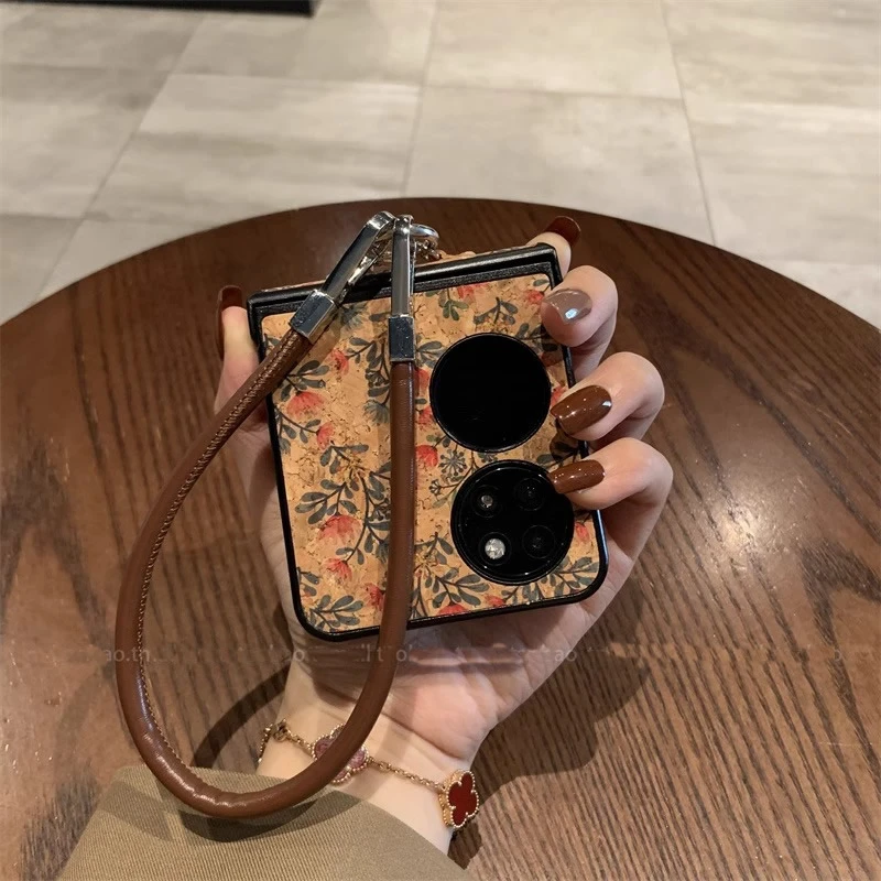 棕皮纹小红花适用华为pocket2折叠屏p50pockets小米mixflip2荣耀