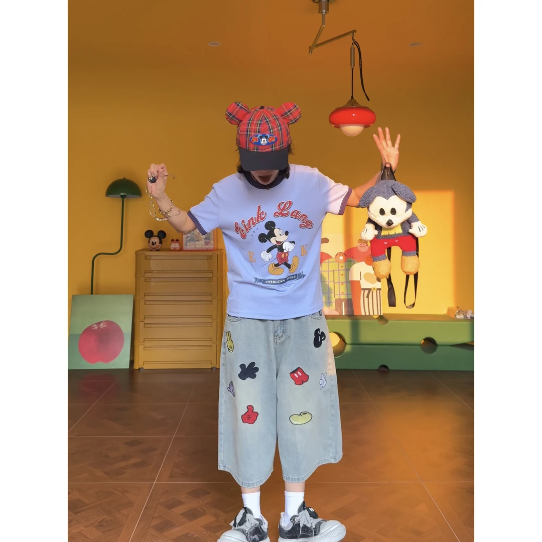 夏末断码福利（米奇）美式复古小众原创设计撞色小领口正肩袖T恤