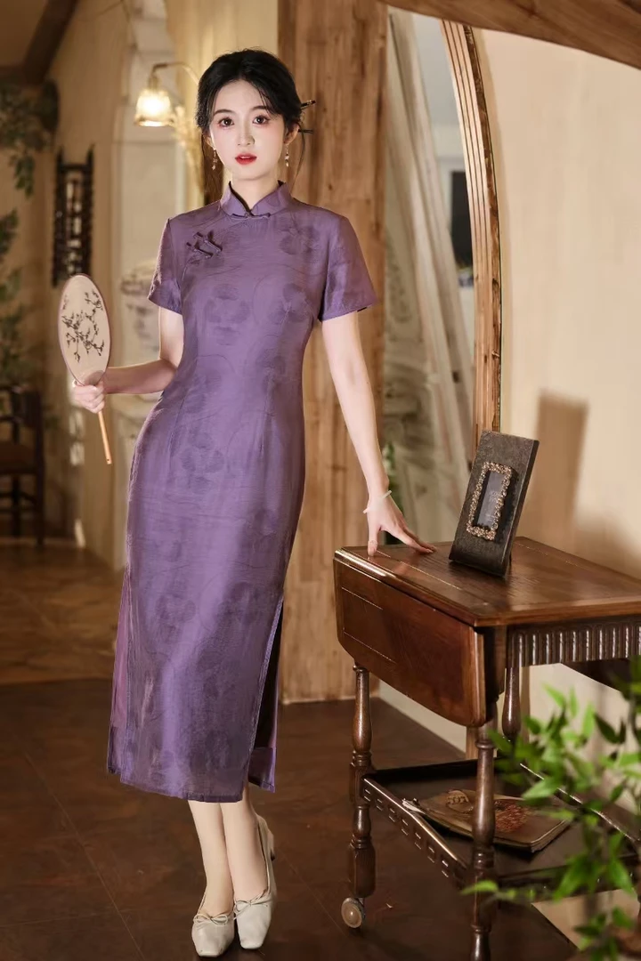 千颂  日常气质文艺提花缎优雅长款显瘦旗袍